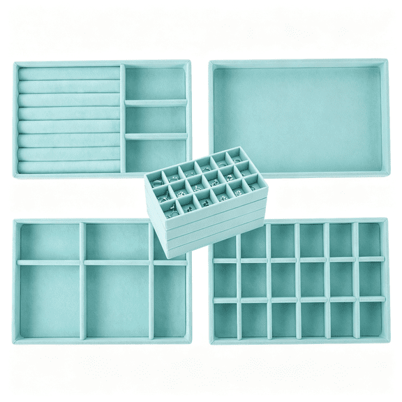 DESIGNICE Stackable Jewelry Organizer Trays for Drawer, Set of 4 Velvet Jewelry Drawer Inserts in Dresser, 8In Storage Display Case for Rings Stud Necklaces Accessories(Blue)