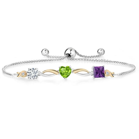 Gem Stone King 925 Silver and 10K Yellow Gold Green Peridot Purple Amethyst and Lab Grown Diamond Tennis Bracelet for Women By Keren Hanan (1.92 cttw, Adjustable up To 9 inch)