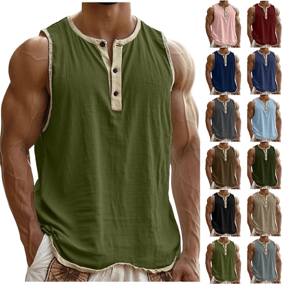 Vetsdori Mens Summer Tank Tops Athletic Muscle T Shirts Sleeveless Solid,Fitness Undershirts Slim Fit Cotton and Linen Tanks for Men Outdoor