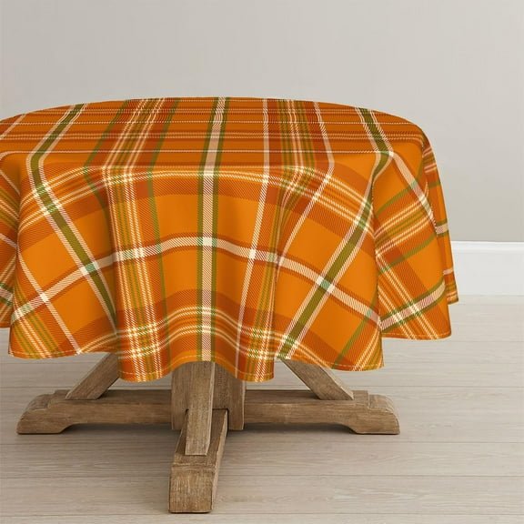 Fall Tablecloth 60×60 Inch Round, Autumn Buffalo Plaid Orange Washable Seasonal Table Cover for Party Picnic Dinner Decor