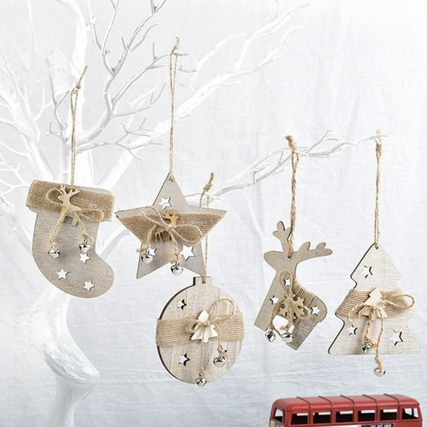 Set de adornos de madera para Navidad - Figuras de estrellas, ciervos, árboles y calcetines pintadas de blanco - Decoración colgante de 5 piezas para árbol y hogar