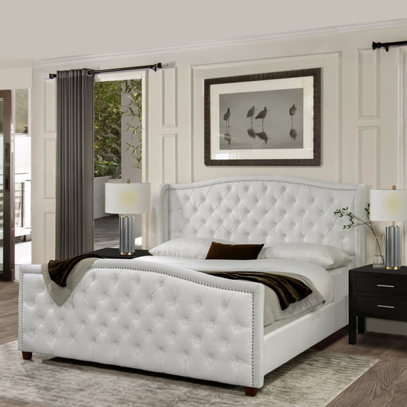 Bed Frame Upholstered Headboard Bed Set, King, Bright White Polyester