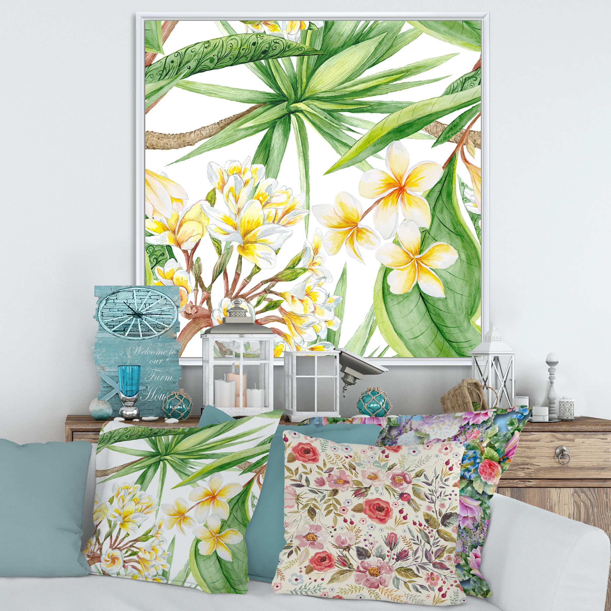 Designart 'Yellow Flowers and Tropical Foliage I' Modern Framed Canvas Wall Art Print