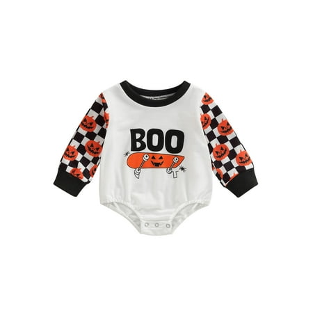 

Niceyoeuk Halloween Toddler Pumpkin Plaid Skateboard Letter Print Romper
