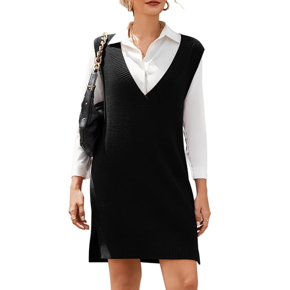 Zeagoo Women's Sweater Vest Dress Oversized Sleeveless V-Neck Casual Pullover Sweater Fall Winter Knit Slit Short Dress
