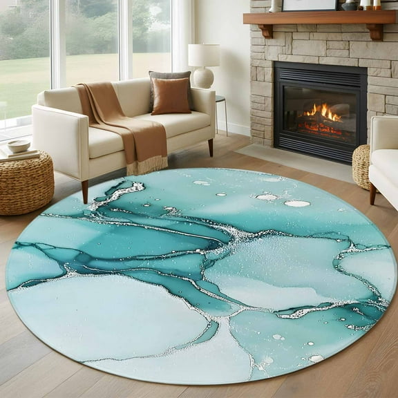 Marble Turquoise Round Area Rug 5 FT, Non Slip Bedroom Area Rug, Abstract Nature Cracks Silver Wavy Washable Soft Circular Carpet Non-Shedding Floor Mat for Kitchen Dining Room Foyer Balcony Dorm