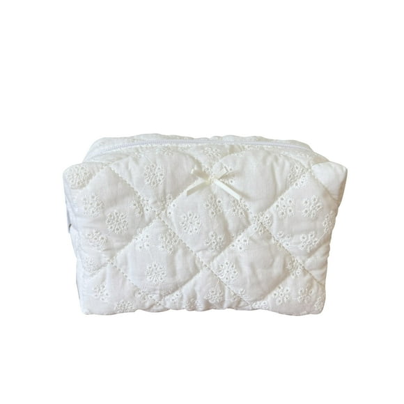 Bolsa de maquillaje ZUNUONUO, algodón, acolchada, coqueta, bordada, color blanco