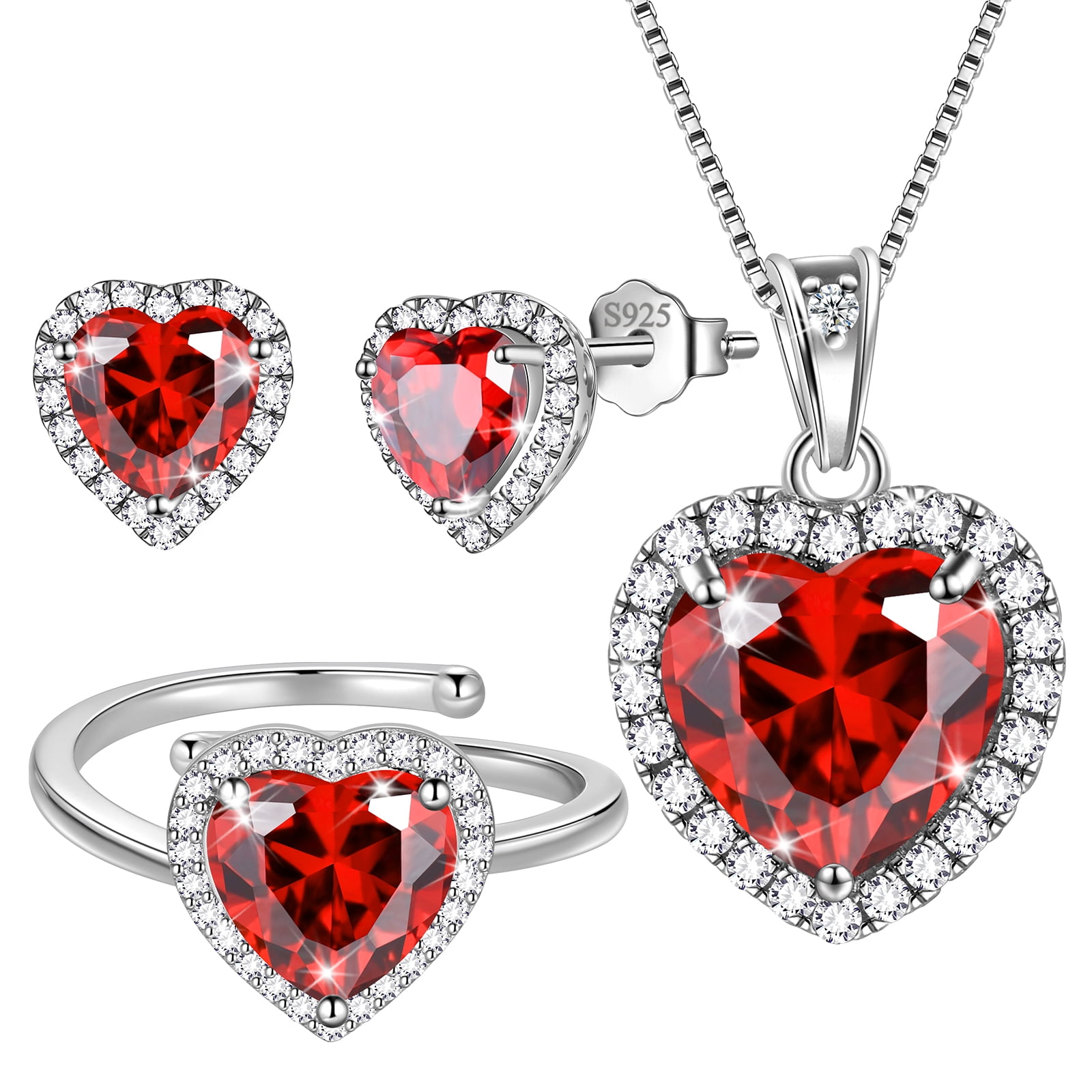 Juwaliy Heart Jewelry Set for Women Necklace Earrings Ring 925 Sterling Silver January Birthstone Garnet Red Mother Christmas Birthday Valentines Gift