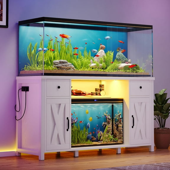 DreamCurship 55-75 Gallon Fish Tank Stand with LED Lights, 52" Aquarium Stand with Power Outlets, Heavy Duty Tank Stand for 2 Fish Tank, White