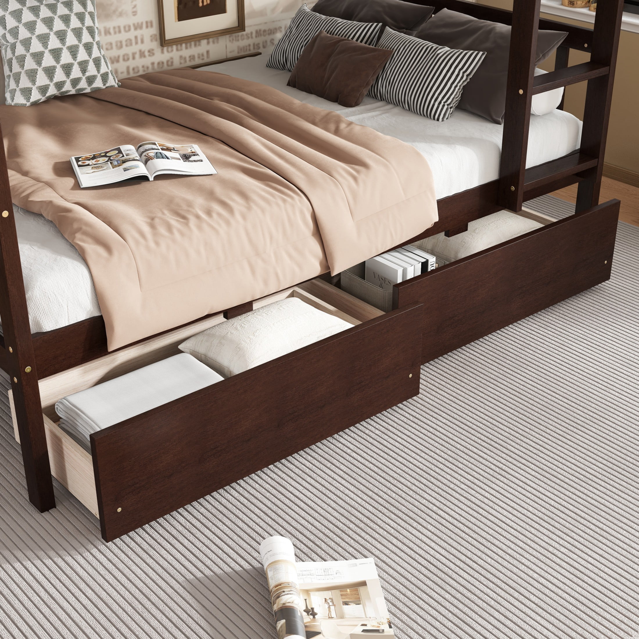 Alvantor Twin Over Twin Bunk Bed with 2 Drawers and Ladder, Convertible into 2 Twin Beds for Teens and Adults, Espresso