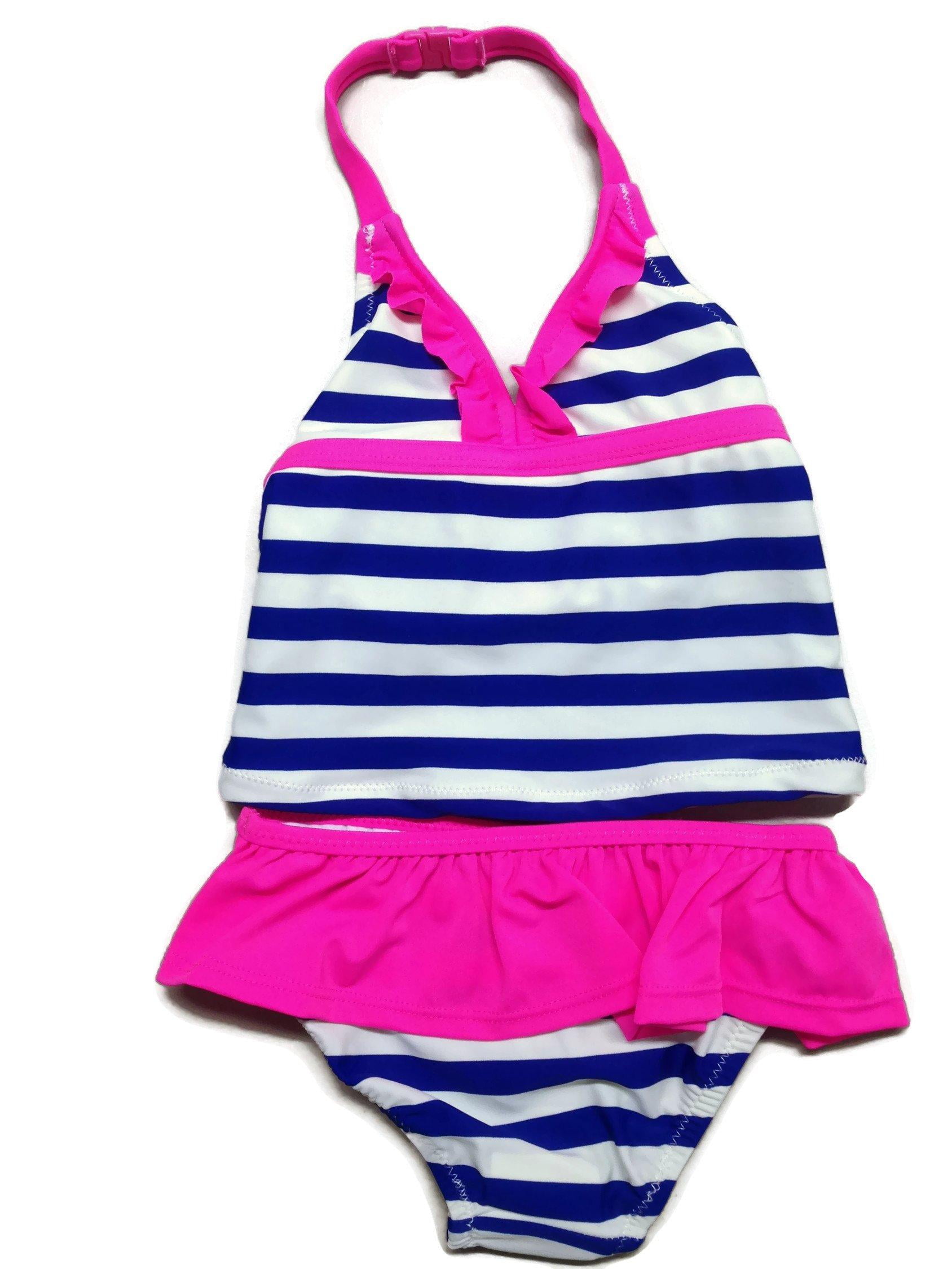 OshKosh B'Gosh Baby Girls' Cobalt Blue Stripe Pink Ruffle Tankini Swim ...