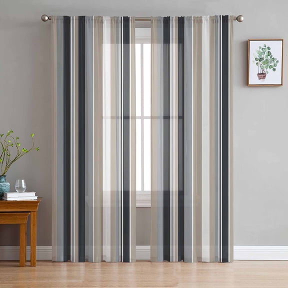 ERUNPONLY Black Grey Brown Striped Sheer Curtains 63 Inch Length 2 Panels Set, Modern Stripes Art Farmhouse Voile Window Treatment Curtains Sheers Drapes for Bedroom/Living Room/Kitchen 52x"63"x2