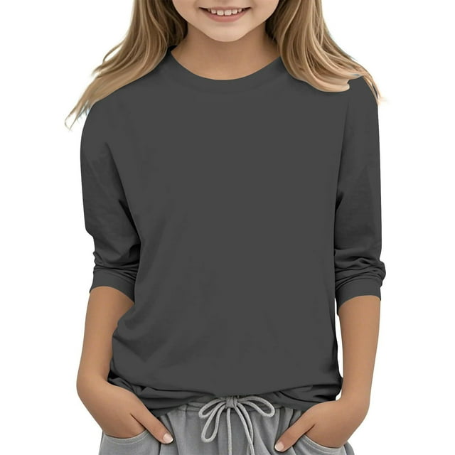 WRKEKC Chemises à Manches Longues pour Garçons, T-Shirts à Manches Longues pour Filles, Hauts/chemise à Col Rond à Manches 3/4 Unis Tendance pour Enfants