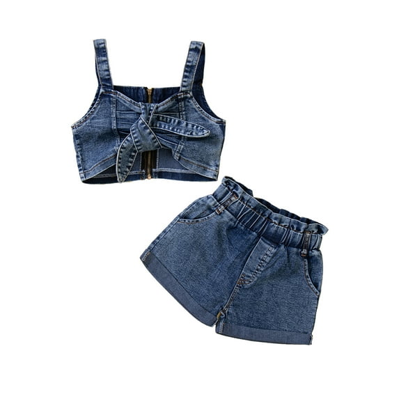 Douhoow 1-6Y Girls Denim Clothes Bow Bust Zipper Sleeveless Crop Top + Shorts Summer 2pcs Outfits