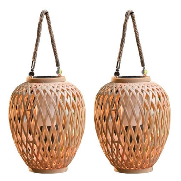 2X Linterna de Ratán de Imitación Solar para Exteriores, Decoración para Patio, Balcón, Jardín, Luces de Velas, Atmósfera, Candelabro de Bambú