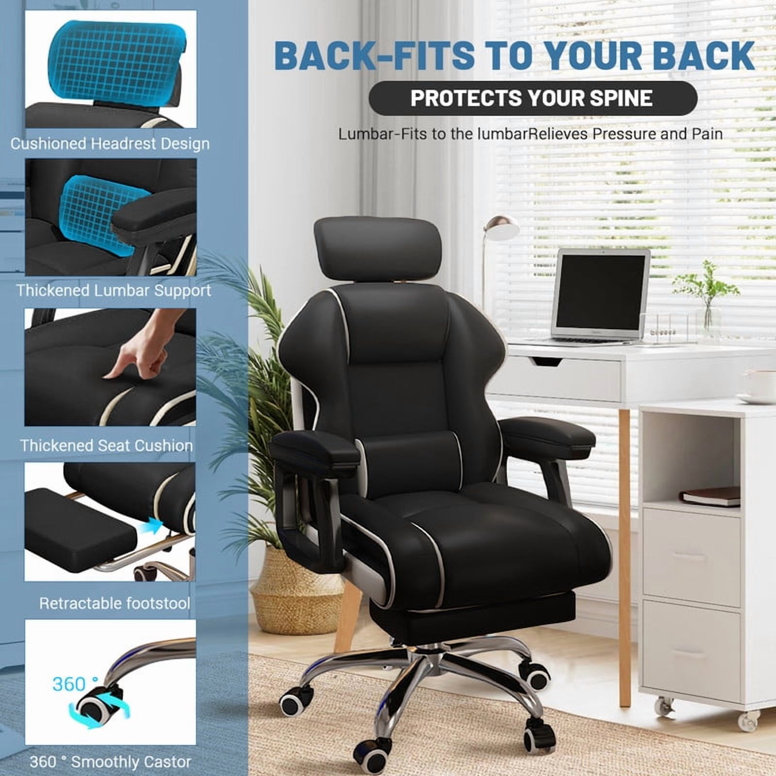 WXJHL Executive Computer Chair Home Office Desk Chair,Adjustable Angle, Ergonomic Adjustable Height PU Leather Chairs with Cushions Armrest for Long Time Seating-High Office Chair （Black）