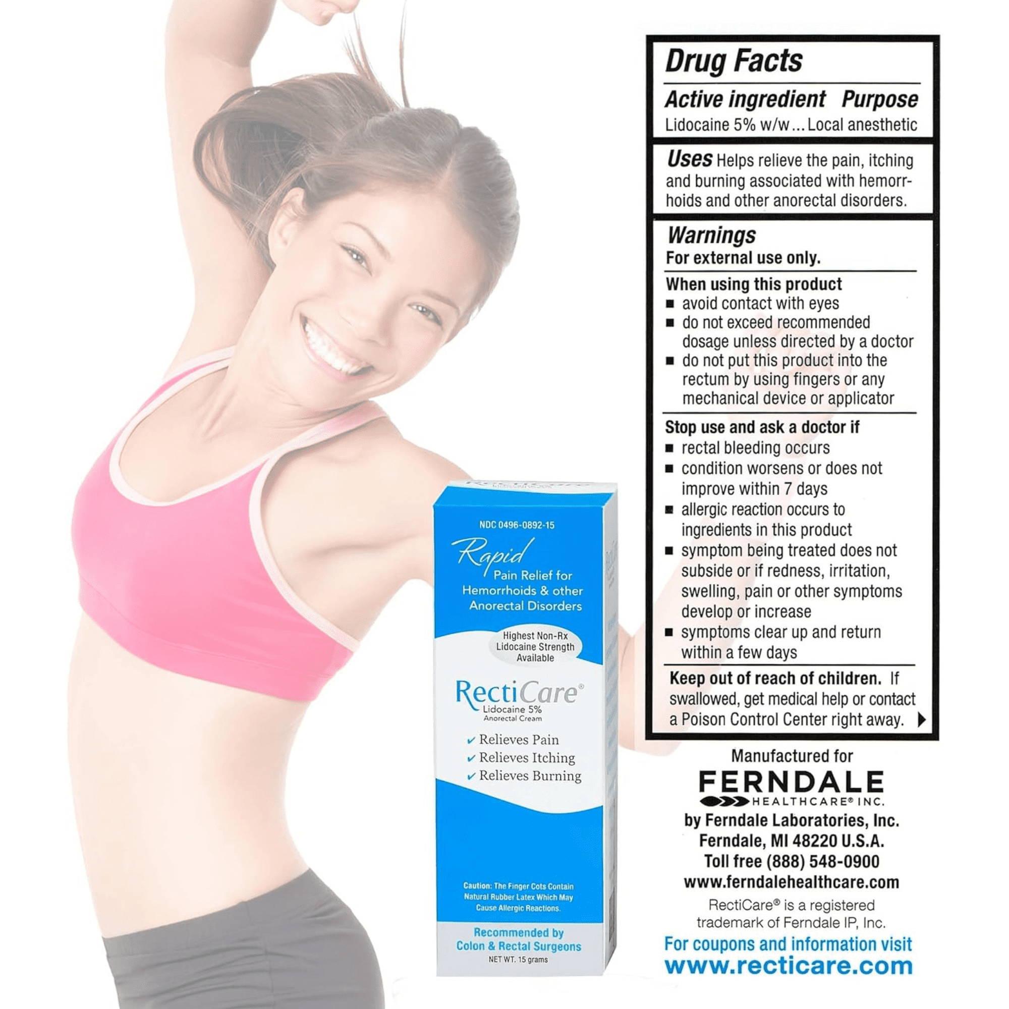 RectiCare Anorectal Cream 15g with Lidocaine 5% for Fast Pain Relief