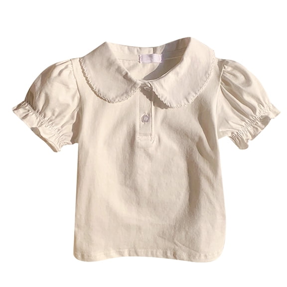 YunPes Kid Girls Peter Pan Collar Top Short Sleeve Solid Color Casual Basic Tee Shirt Blouse Puff Short Sleeve T-Shirt Birthday
