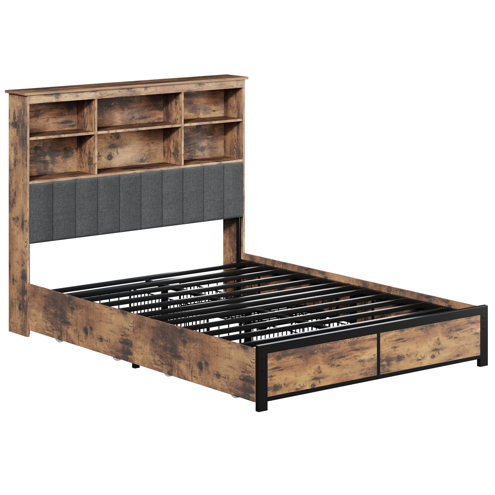 Lifezone Bookcase Beds Queen Bed Frame with Wooden Platform, Rustic Brown