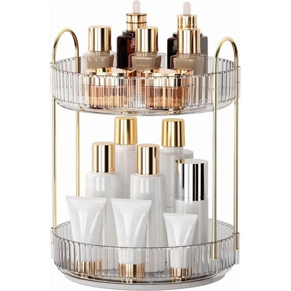 360 Rotating Makeup Organizer and Storage for Vanity Bathroom Countertop, High Capacity Cosmetic Skincare Perfume Organizers for Dresser Lazy Susan (Clear White,2 Tiers)