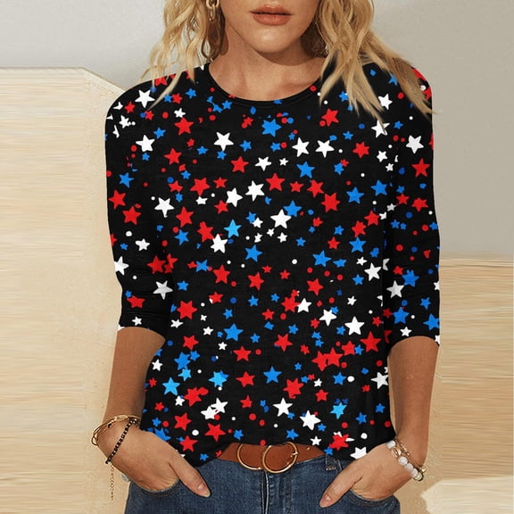 Cavosen Patriotic Tops for Women Independence Day 3/4 Sleeve Crewneck Shirts USA Star Striped Graphic Tops Lady XL 4th of July Casual T Shirts Red White and Blue Tunic Tees Patriotic Outfits