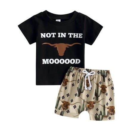 

Musuos Western Baby Boy Summer Clothes Cow Print Short Sleeve T-Shirt Casual Shorts