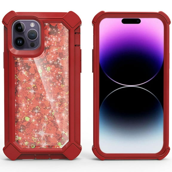 Military Grade Quicksand Glitter Waterfall Hybrid Case for iPhone 14 Pro - Red