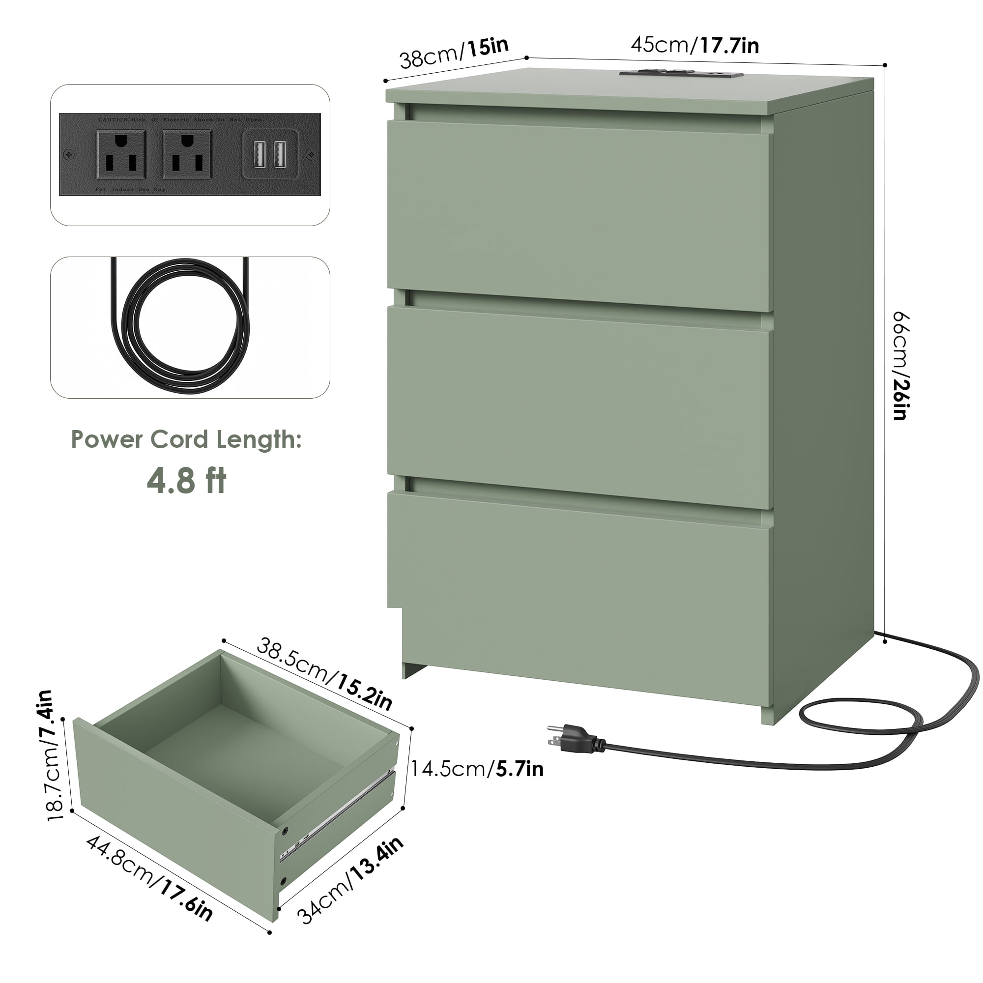 Homfa 3 Drawers Nightstand with Charging Station, Side Table with Storage for Living Room, Bedside Nightstand for Bedroom, Green