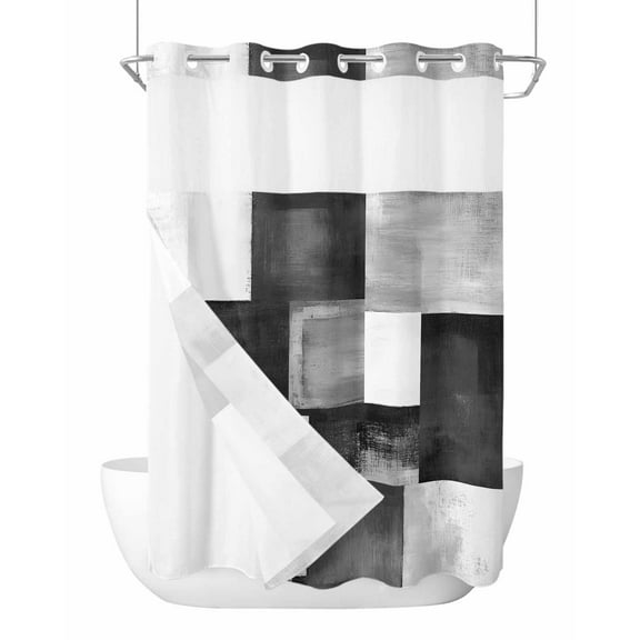 No Hook Cloth Fabric Shower Curtain with Snap in Liner, Grey Geometric Waterproof Shower Curtains Set with See Through Top Window, Vintage Oil Painting Contemporary Bath Curtains Shower 60"x72"