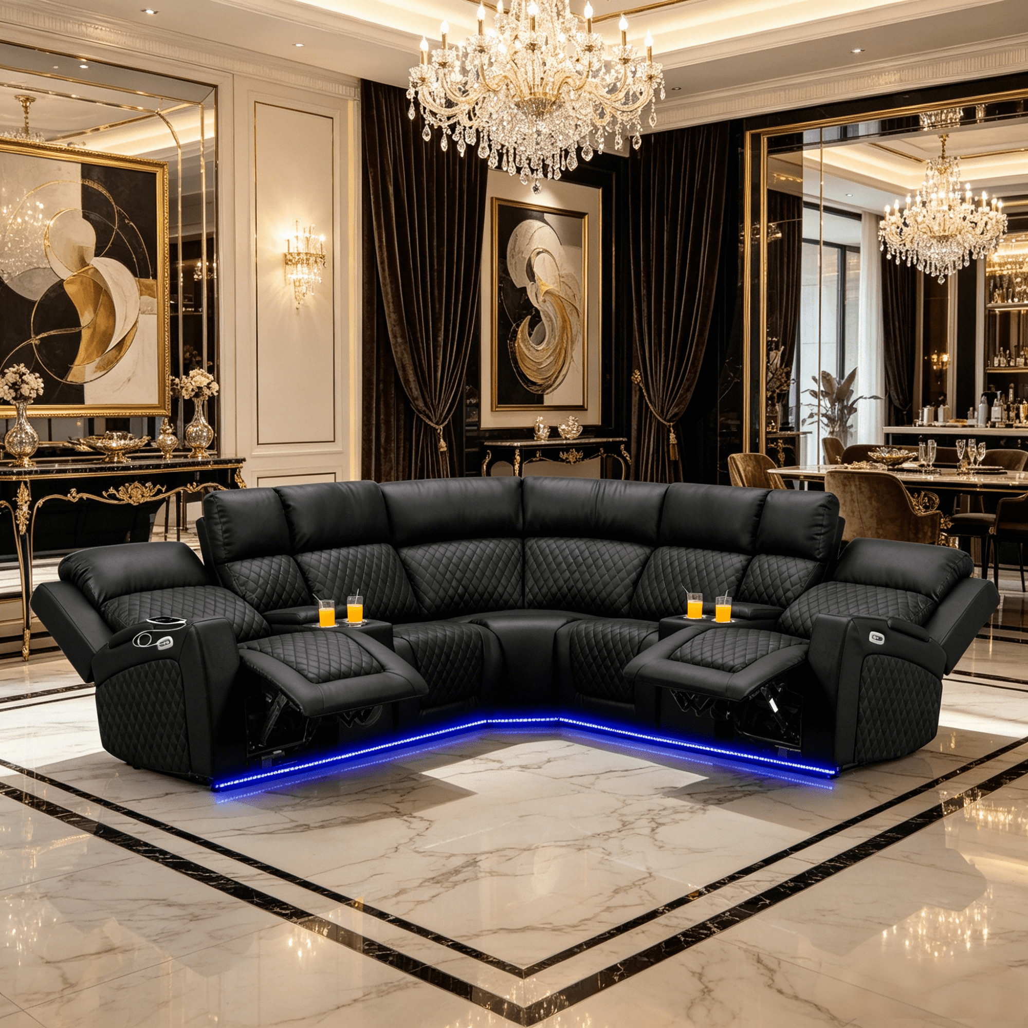Gewnee 5-Seat Power Reclining Sectional L-Shaped Sofa with PU Upholstery, LED Lights, Bluetooth Speakers & Console, Black