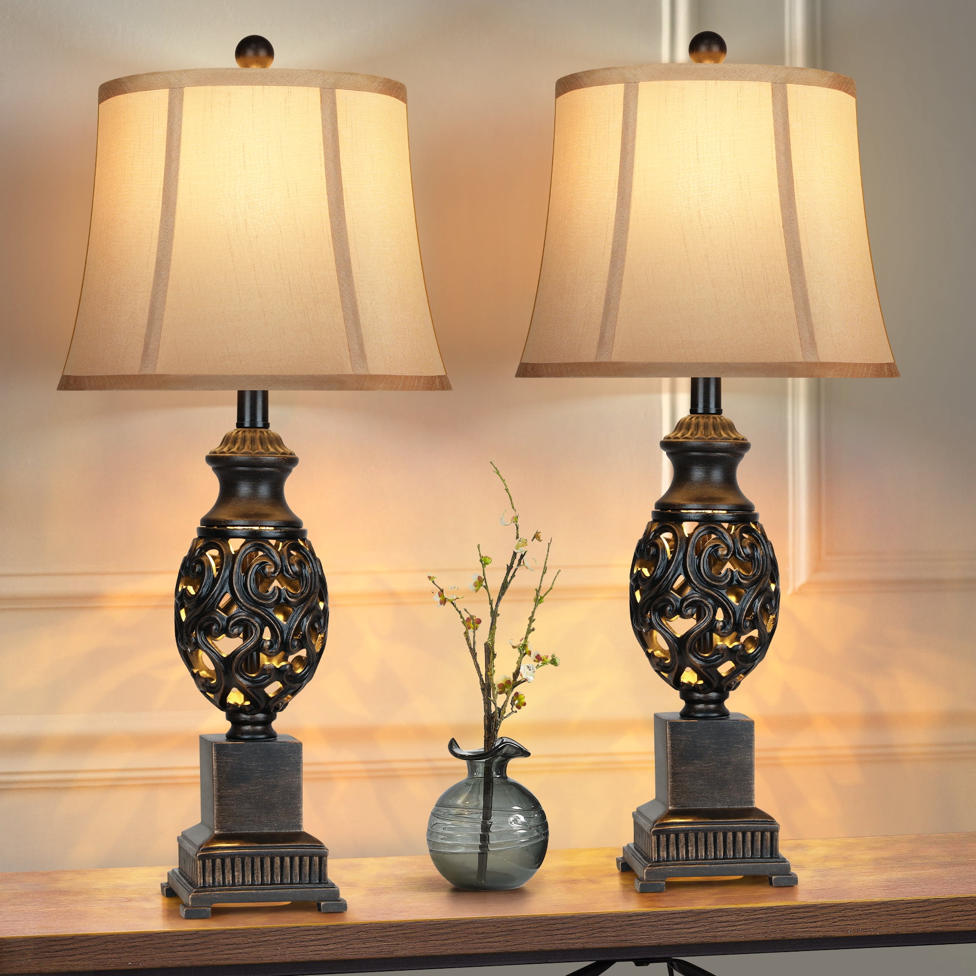 28" Bronze Nightstand Lamps with Faux Silk Shades，Vintage Living Room Bedroom End Table Lamps