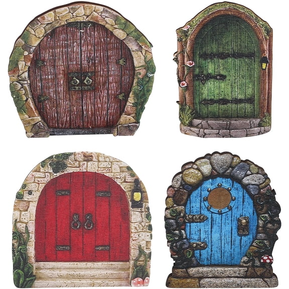 4PCS 4 Styles Mini Fairy Garden Door for Tree Wood Door Windows Wall Accessories DIY Kit Art Sculpture Outdoor Decor for Tree Trunk Bonsai