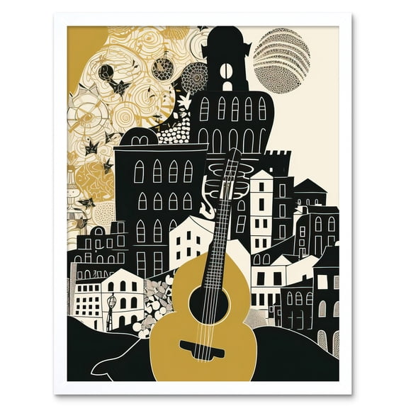 Edinburgh Cityscape Fringe Festival Guitar Linocut Art Print Framed Poster Wall Decor 12x16 inch