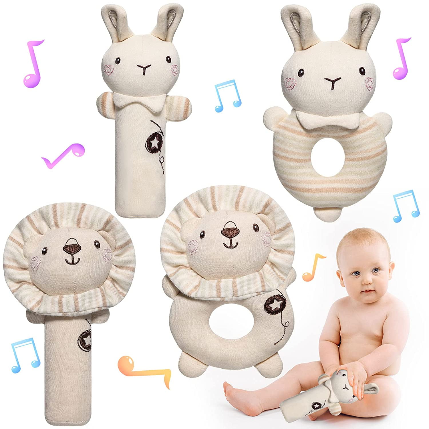 4 Pieces Baby Soft Rattle Toys, Wrist Rattles Plush Stuffed Animal Handbell Rattle Toy Early
