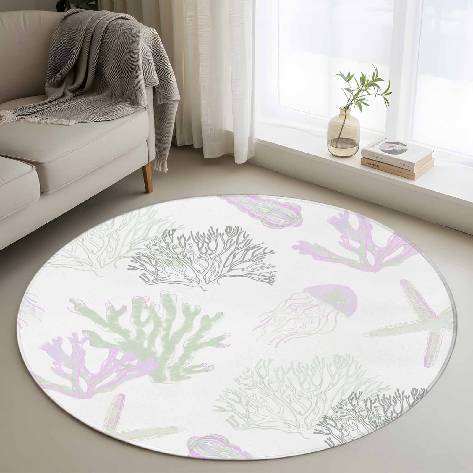 Round Rugs 4Ft Sage Green Purple Coral Coastal Round Area Rug Washable Indoor Throw Carpet Nautical Starfish Beach Soft Non Slip Circle Rug for Kitchen Nursery Room Home Decor Aesthetic