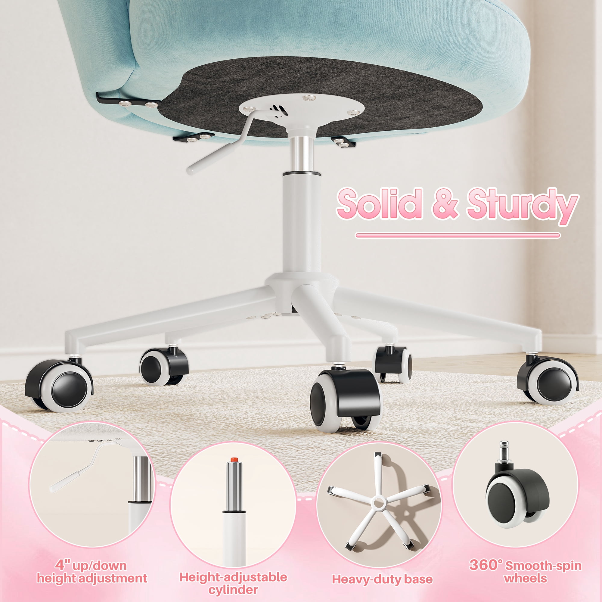 Romorgniz Velvet Vanity Chair with Petal Backrest Height Adjustable Desk Chair with Wheels Seashell Makeup Chair for Bedroom, Blue