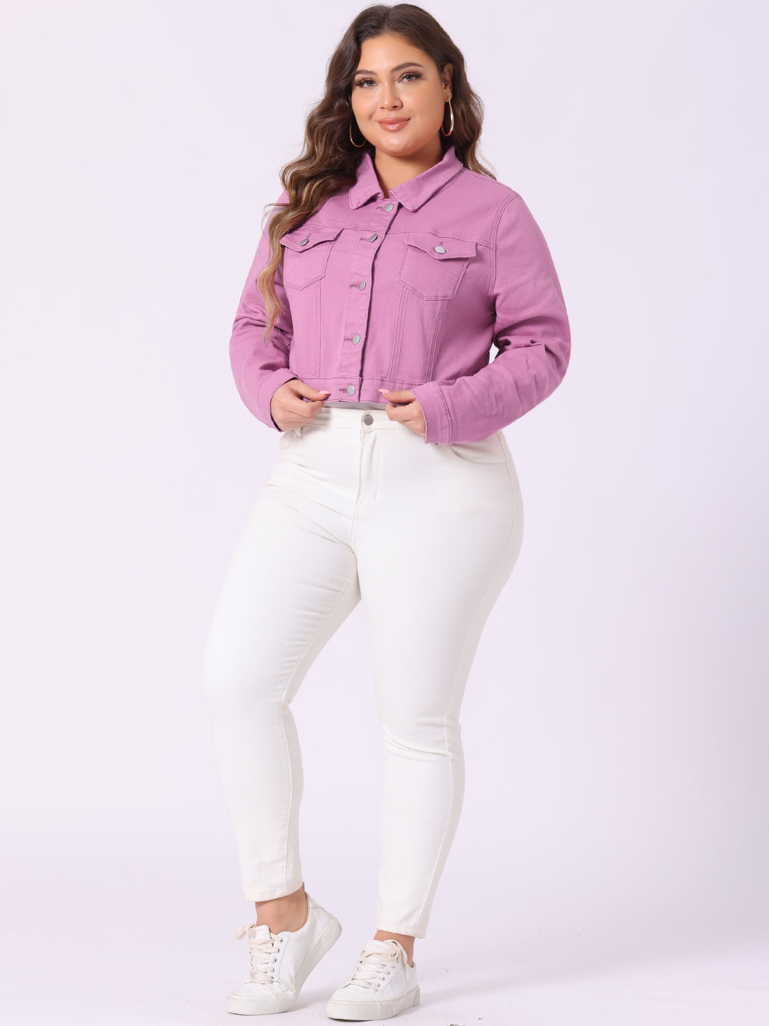 DARING DIVA Women's Plus Button Closed Cropped Denim Jacket 3X Dark Pink