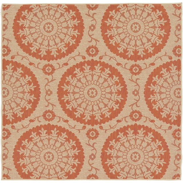 Unique Loom Botanical Collection Floral Abstract Transitional Indoor and Outdoor Flatweave Square Rug, 6 Feet, Terracotta/Beige
