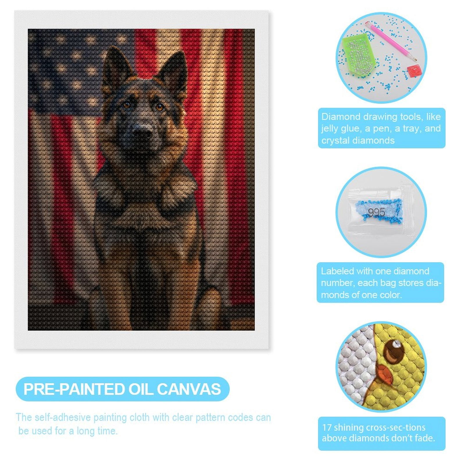 Diamond Art Kits for Adults, Dog American Flag Portrait 5D Diamond Painting Kits for Adults Beginners, DIY Full Drill Diamond Painting, Gem Art and Crafts 12x16