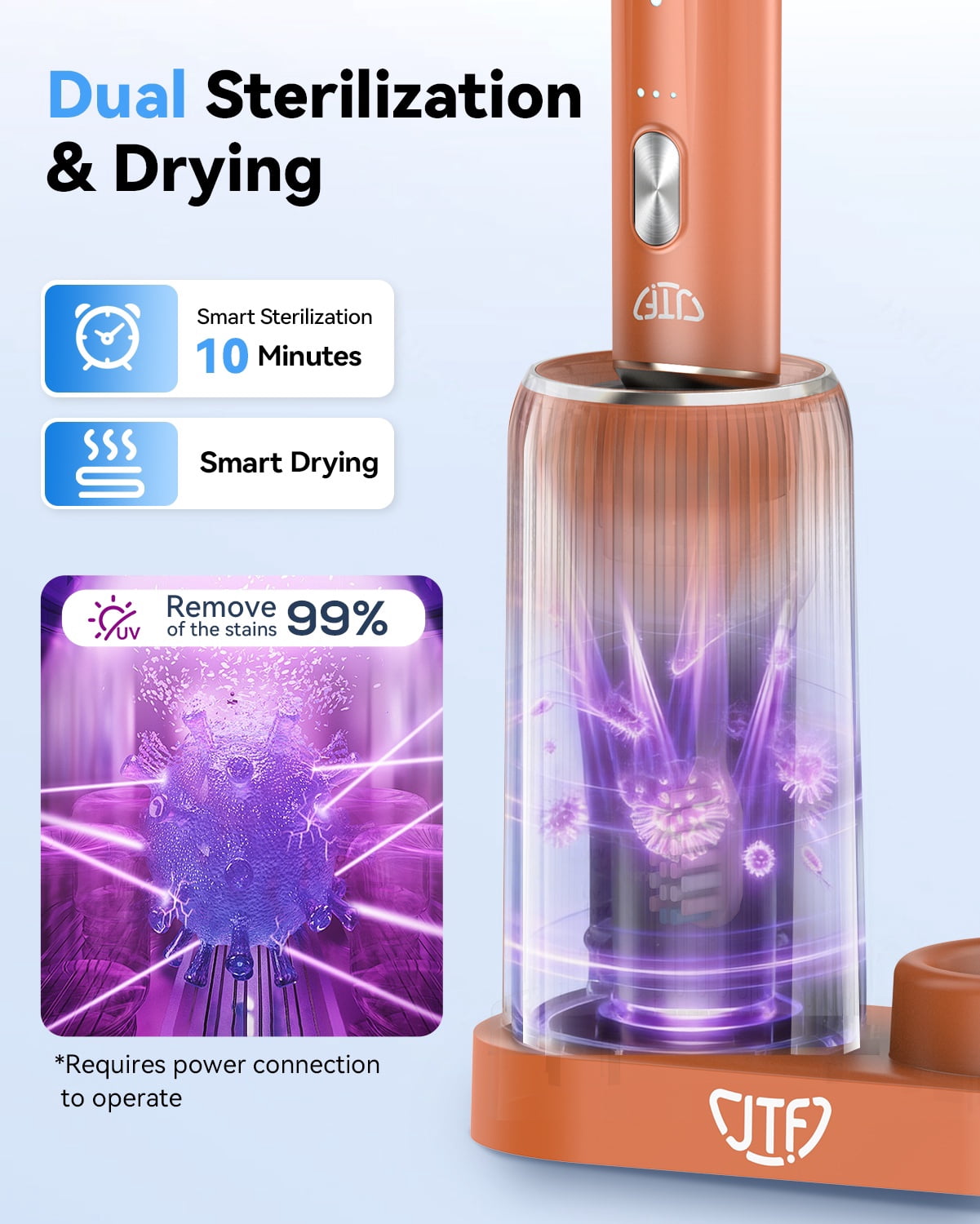 JTF Sonic Electric Toothbrush with UV & Drying: 5 Customized Modes for Effective Yet Gentle Cleaning –with 8 Brush Heads, Rinse Cup, Wireless Charging Base, Rechargeable for Daily Care, Home & Travel