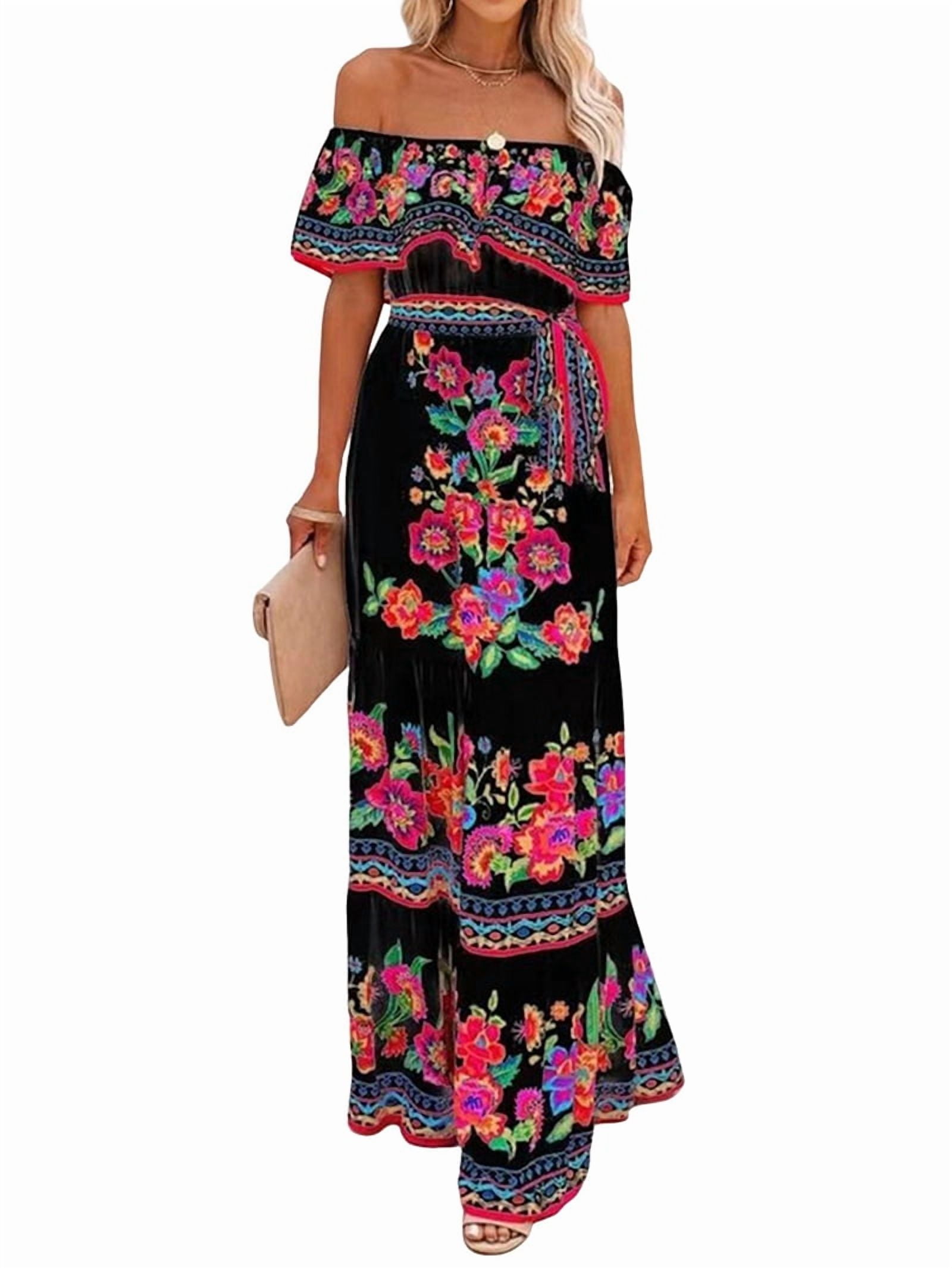 Women'S Mexican Dress Summer Floral Print Off the Shoulder Sleeveless Beach Long Maxi Dress Black & Red L