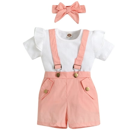

CenturyX Kids Baby Girls Summer Clothes Solid Ruffle Short Sleeve T-shirt Tops Suspender Shorts Headband Set Pink 5-6 Years