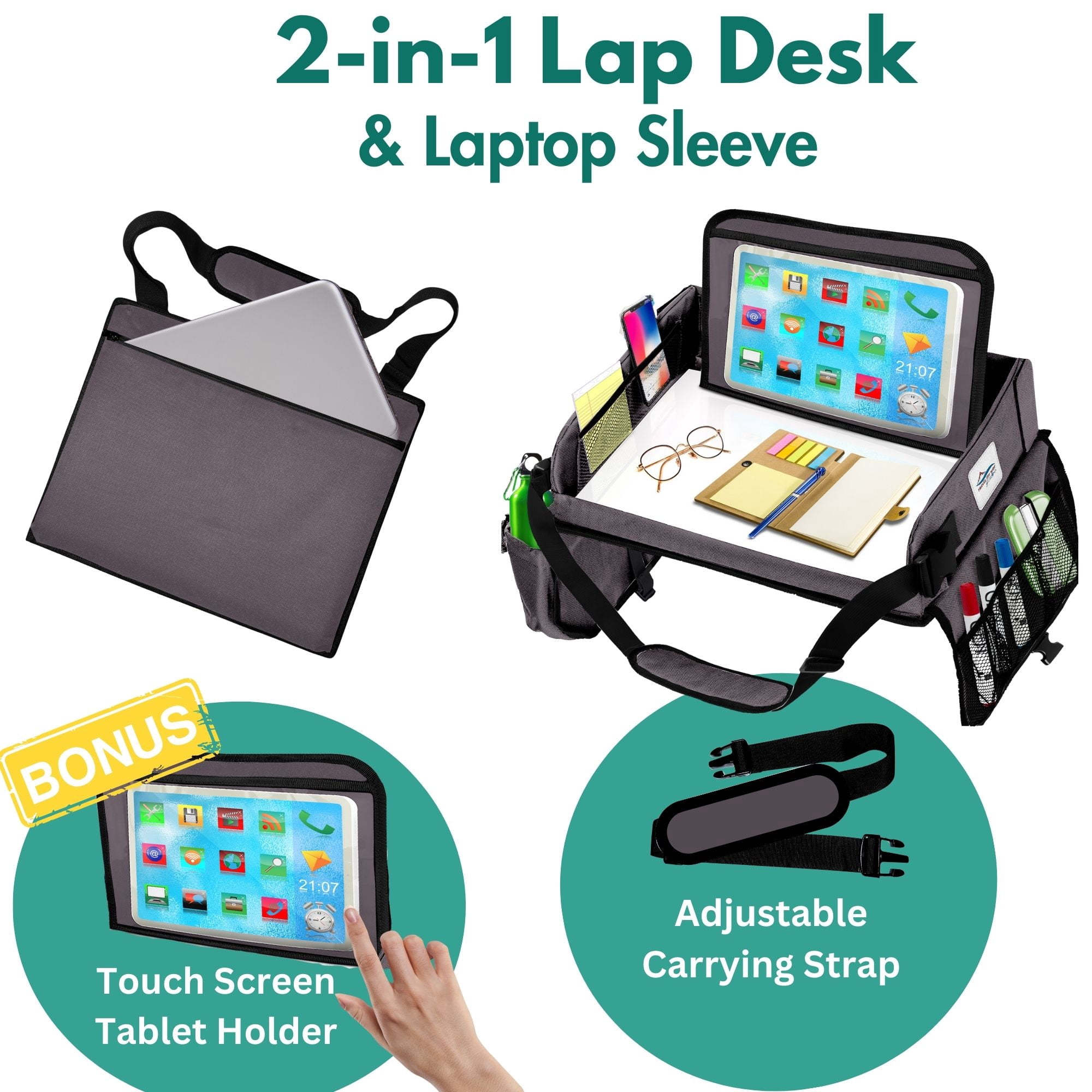 Cerizona Travel Lap Desk - Travel Tray, Portable Lap Desk for Car, Remote Work, Trips, School - Storage Pockets, Laptop Tablet Sleeve, Adjustable Carrying Strap - Fits up to 15.6-Inch Laptop (Gray)