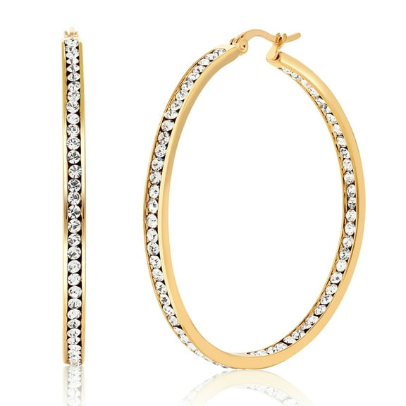 Gem Stone King 2 inch Stainless Steel Yellow Plated High Shine Inside-Out Hoop Earrings With CZ for Women