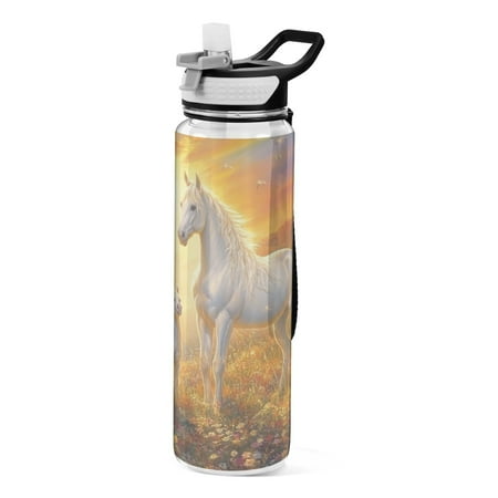 

White Horses in Floral Field Rainbow Transparent Sports Water Bottle with Straw BPA Free Tritan 32oz for Gym Camping