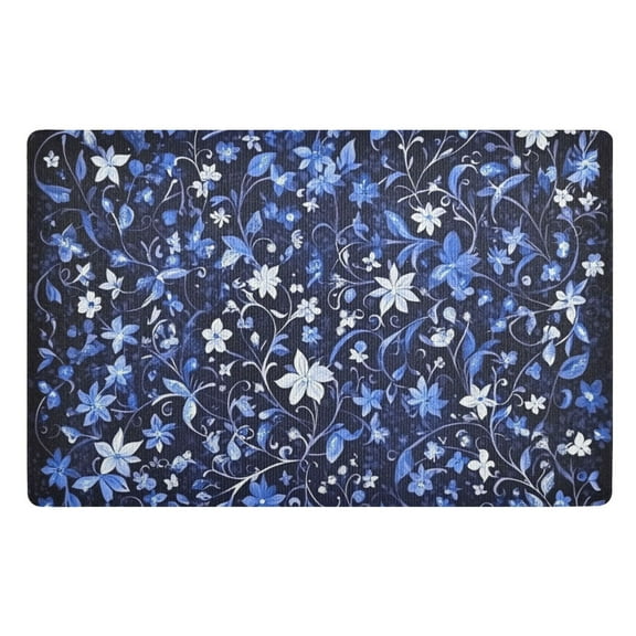 Blue Floral Pattern on Dark Floor Door Mat Outdoor Indoor for Home Entrance Welcome Mats 32"x20"