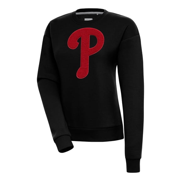 Women's Antigua  Black Philadelphia Phillies Victory Chenille Pullover Sweatshirt