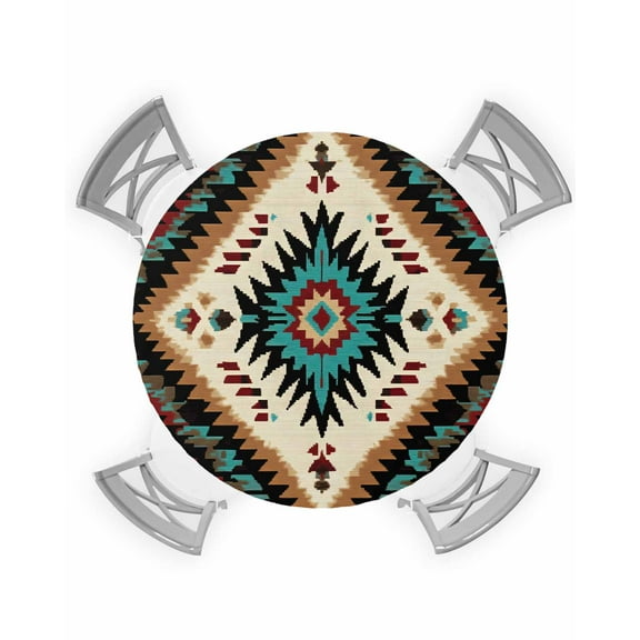 nqOlkjepod Brown Teal Red Boho Round Tablecloth, Fitted Table Cover with Elastic for 45"-54" Round Tables, Southwestern Geometric Art Vintage Table Cloth Outdoor Dinning Party Waterproof Tablecloths