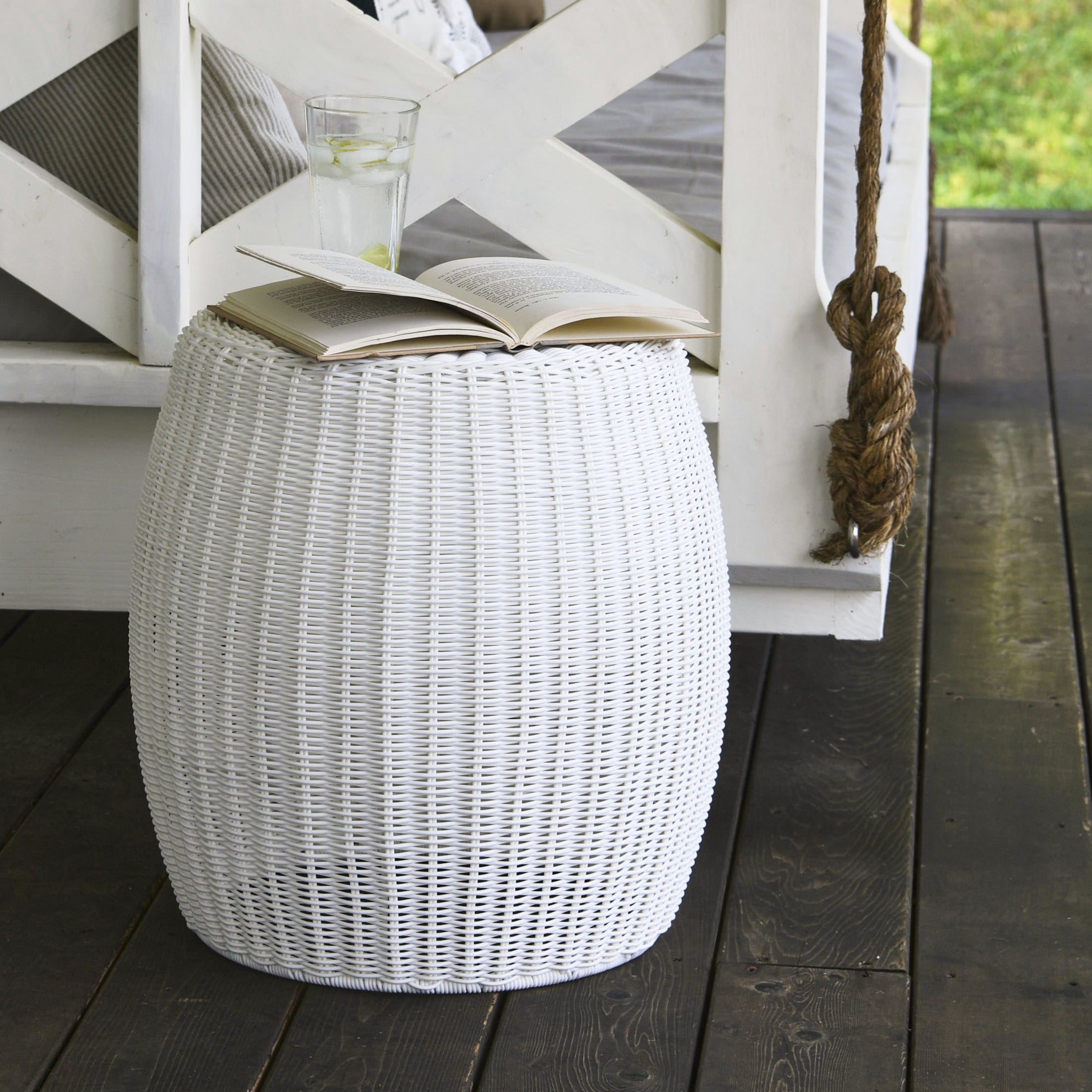 Household Essentials Handwoven Resin Barrel Side Table, White