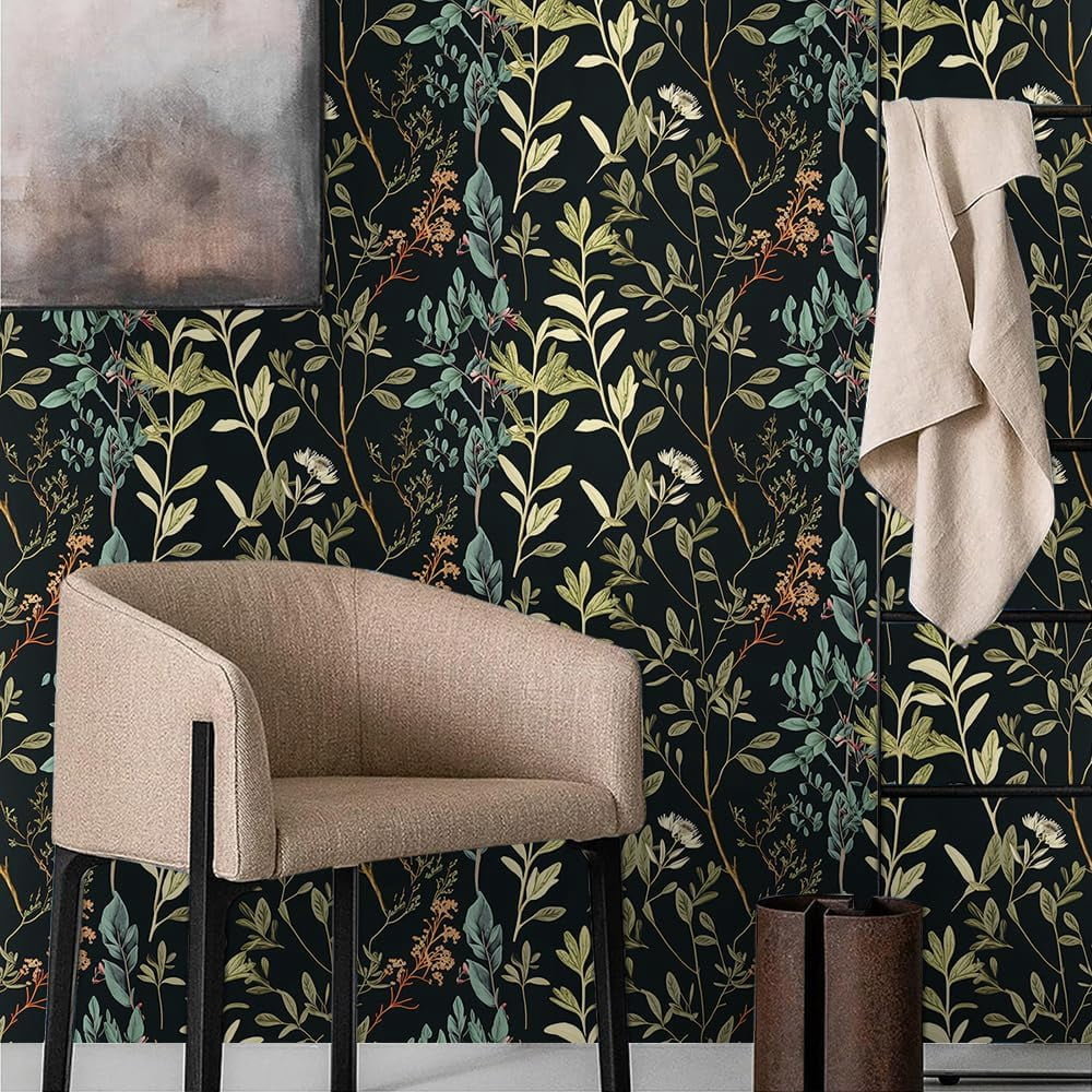 Blue/Brown/Yellow Wildflowers Grass in Black Leaf Flowers Peel and Stick Wallpaper Wall Decor Self Adhesive Wall Paper Stick on Easy Peel Off Contact for Renter Apartment